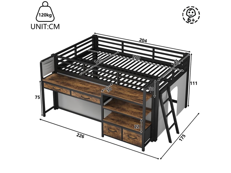  Lit mezzanine enfant 140x200 cm – noir – bureau, rangements, étagères et éclairage led - sans matelas  - Conforama C