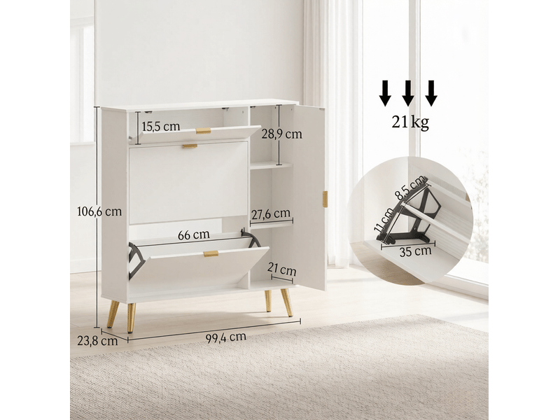  Meuble à chaussures l99,4 x p23,8 x h106,6 cm en mdf et panneaux de particules avec rangements rabattables blanc chicfurn  - Conforama D