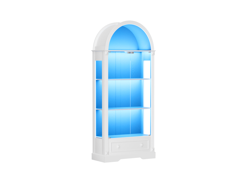  Vitrine en verre trempé avec éclairage led tricolore et rangements ouverts en mdf et verre blanc 80 × 35 × 180 cm  - Conforama A