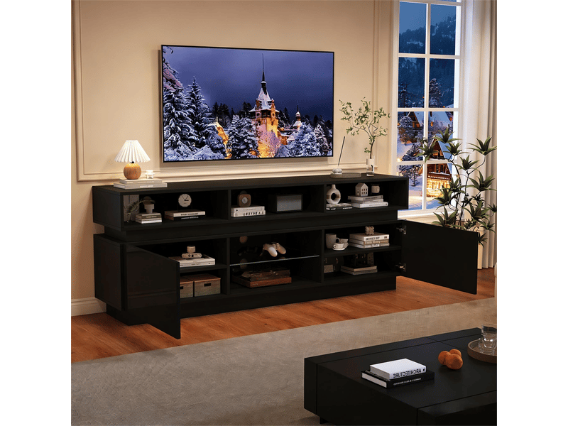  Meuble tv 160 cm noir brillant avec led app-contrôlée, plateau en verre trempé, pour écrans jusqu'à 60 pouces  - Conforama R