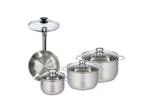 Set 1 poêle 20 cm en inox et 1 couvercle verre, 3 faitouts inox 16, 20 et 24 cm fackelmann eterna