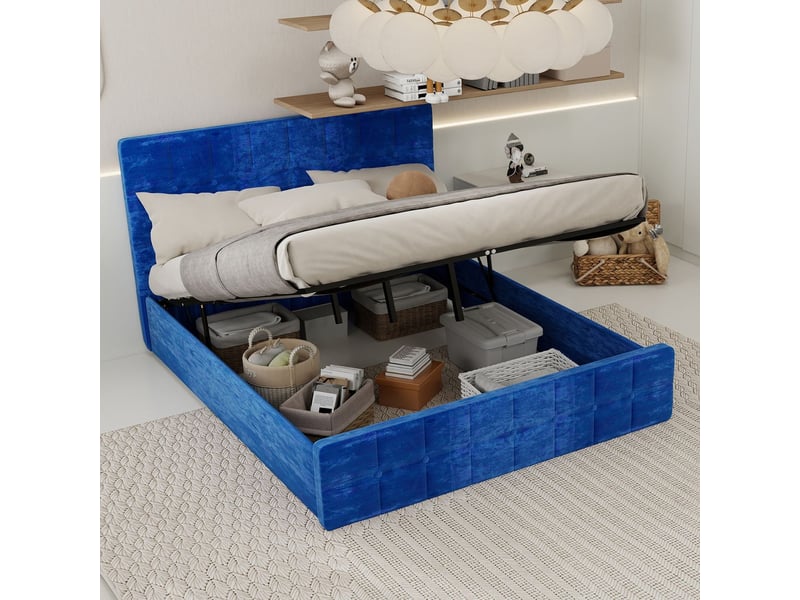  Lit rangement 160 x 200 cm tête de lit velours lit double rangement intégré velours bleu tête de lit rembourrée design moderne  - Conforama B