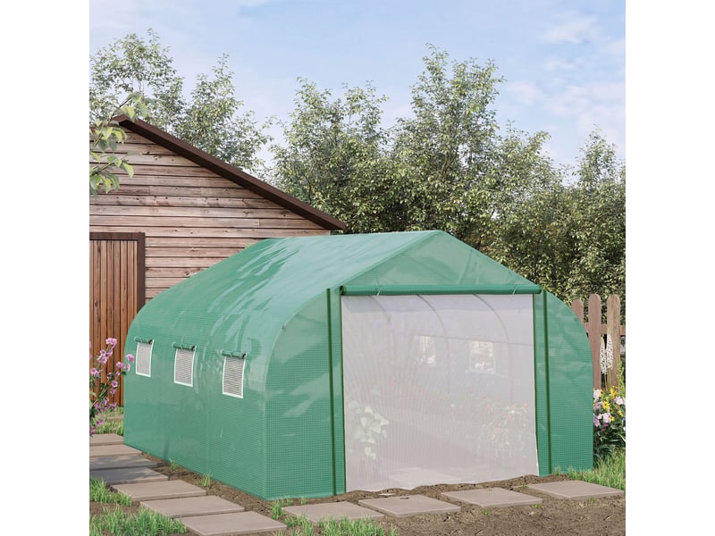  Serre tunnel avec couverture en pe et structure en acier, porte sectionnelle et 6 fenêtres, 3,5 x 3 x 2 m, verte  - Conforama D