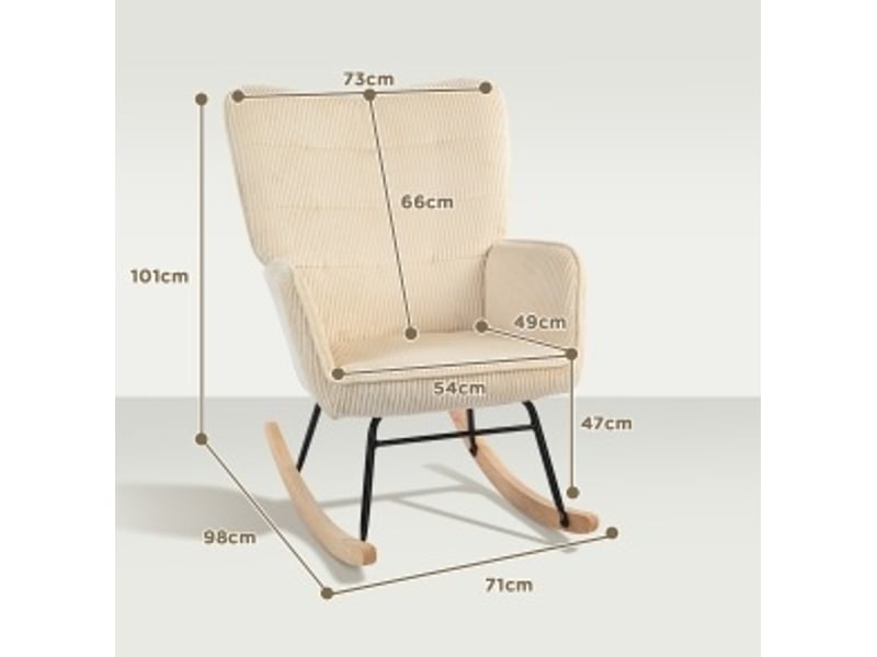  Fauteuil à bascule relax avec dossier haut capitonné et accoudoirs, piètement en bois de hêtre, velours côtelé beige  - Conforama C