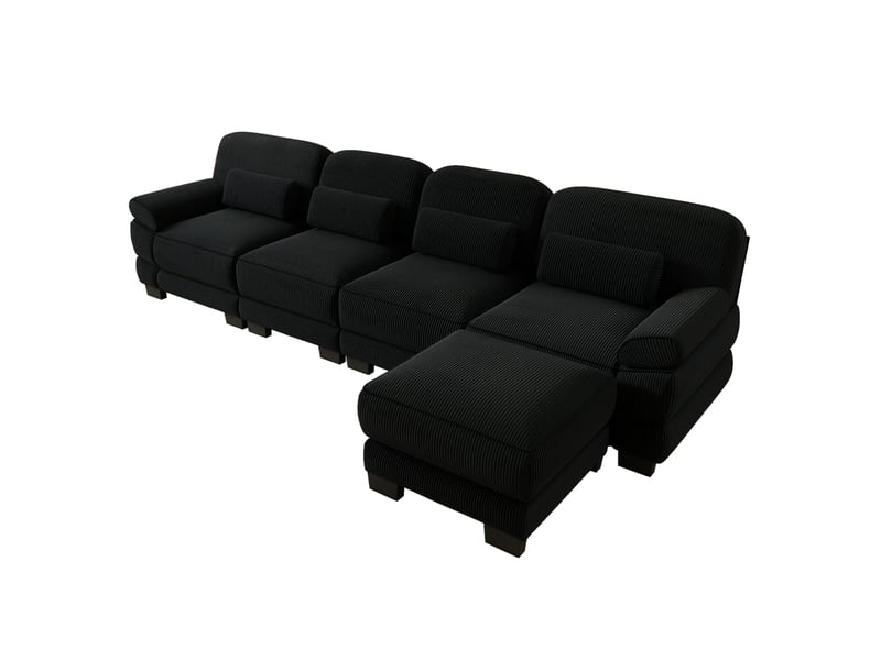  Canapé modulable 4 places modenvie en l avec pouf, assise profonde, velours côtelé noir, 336 x 161 x 94 cm  - Conforama A