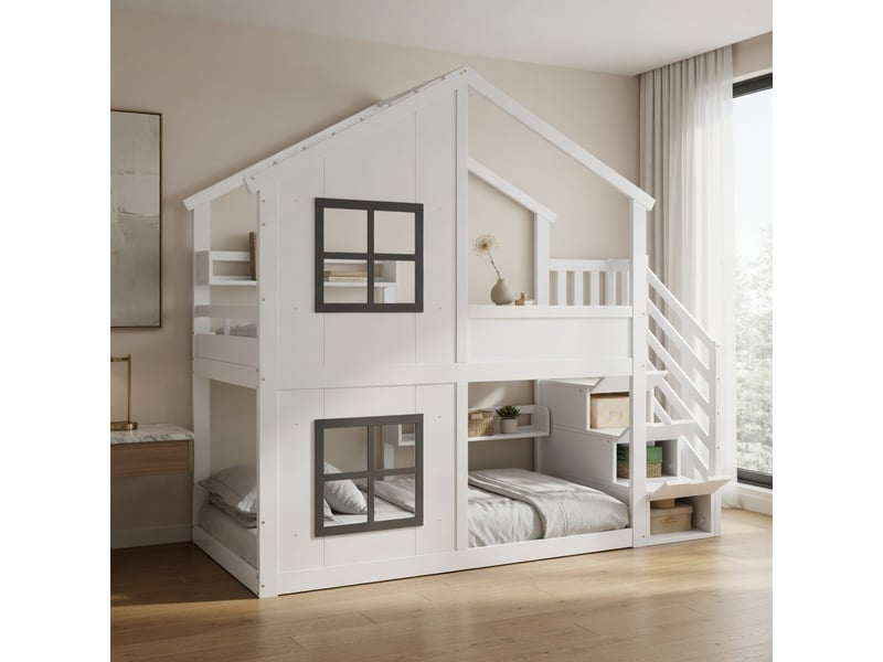 Gutenacht lit superposé 90x200cm, escalier armoire, fenêtre, blanc & gris - Conforama D