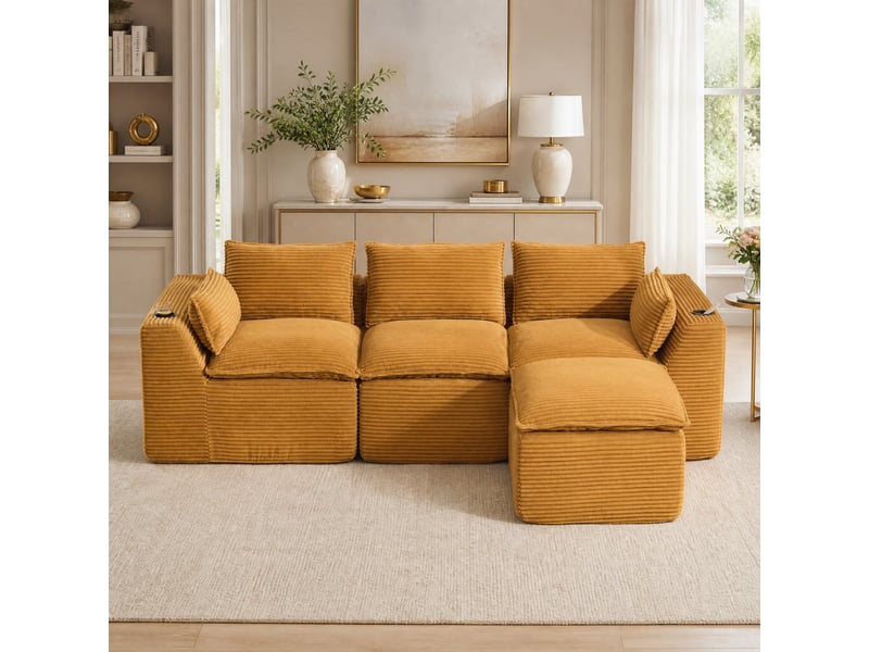  Canapé modulable 3 places modenvie avec pouf, coussins et porte-gobelets en velours côtelé orange 256 x 161 x 75 cm  - Conforama B