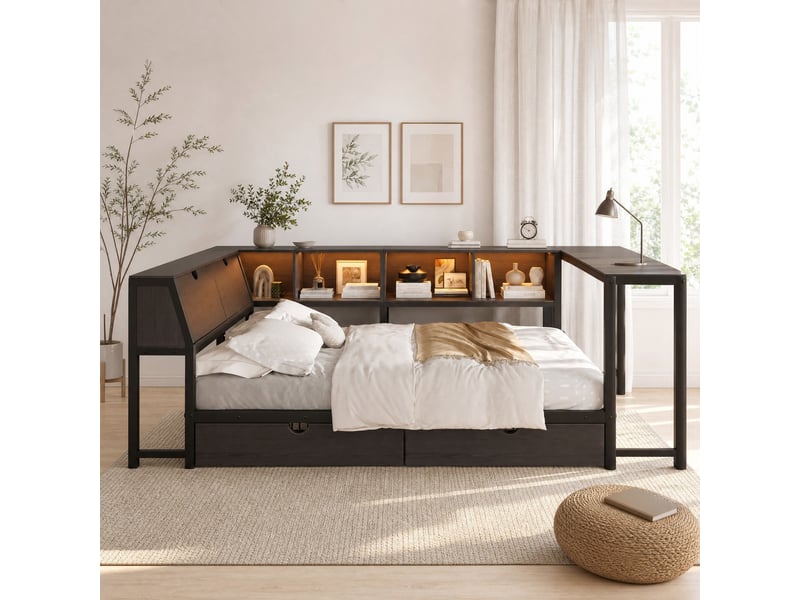  Lit double 140×200 cm avec bureau, 2 tiroirs et led  - sans matelas, mdf et métal - noir  - Conforama C