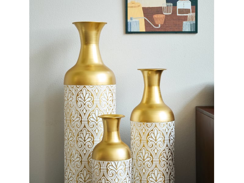  Lot de 3 vases de sol en métal 50, 66 et 83 cm, or et blanc, décor floral pour plantes et fleurs sèches  - Conforama E