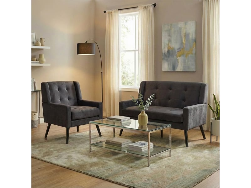  Lot 2 fauteuils gris foncé 1+2 places, mousse haute densité, tissu doux durable, pieds bois massif avec patins, salon et bureau  - Conforama D