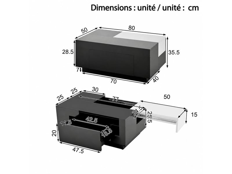  Table basse noire et blanche avec éclairage led et plateau extensible, 80 x 50 cm  - Conforama C
