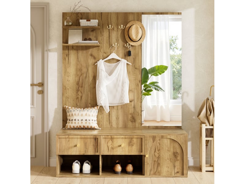 Meuble d'entrée avec miroir, 5 crochets, 2 tiroirs, placard et niches à chaussures en bois naturel 120 × 35 × 159 cm - Conforama D