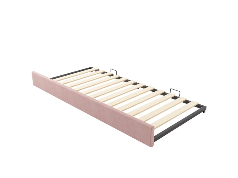  Lit banquette avec lit gigogne et sommier à lattes, dossier rembourré, barrière amovible, velours rose  - Conforama E