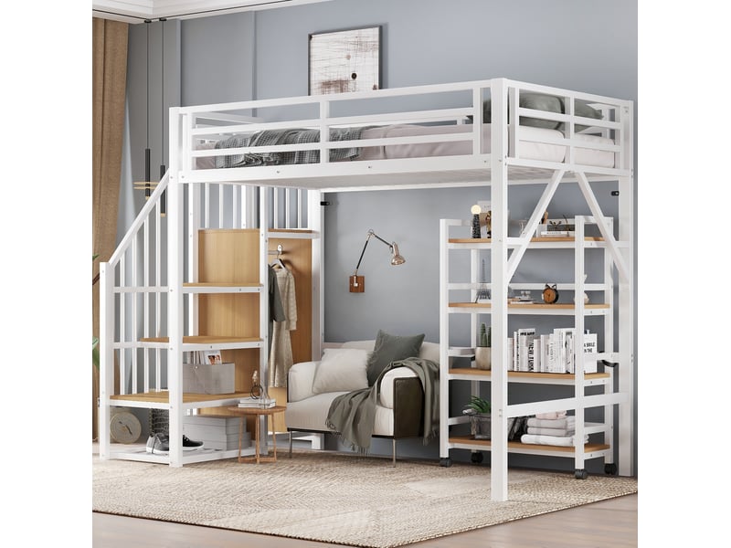  Lit mezzanine 90x200 armoire tringle meuble 4 niveaux roulant garde-corps sommier métal mdf blanc naturel sans matelas  - Conforama D