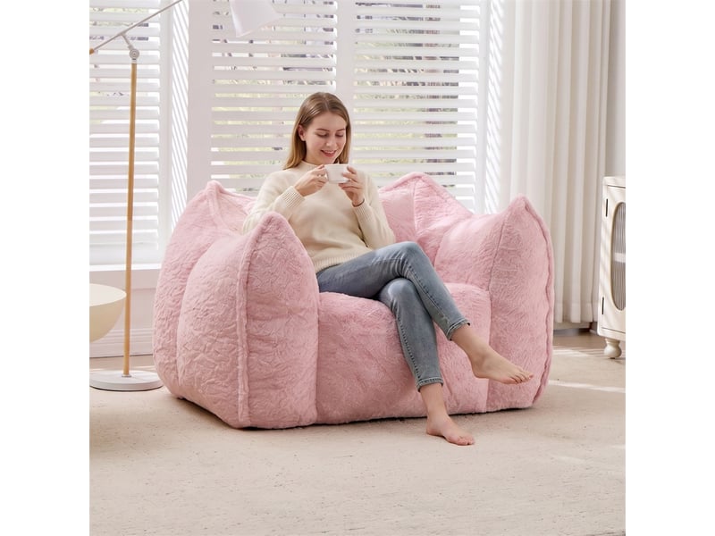  Fauteuil poire 1 place - 123x97x73cm - avec oreiller de confort - pouf géant en fourrure synthétique rose  - Conforama D