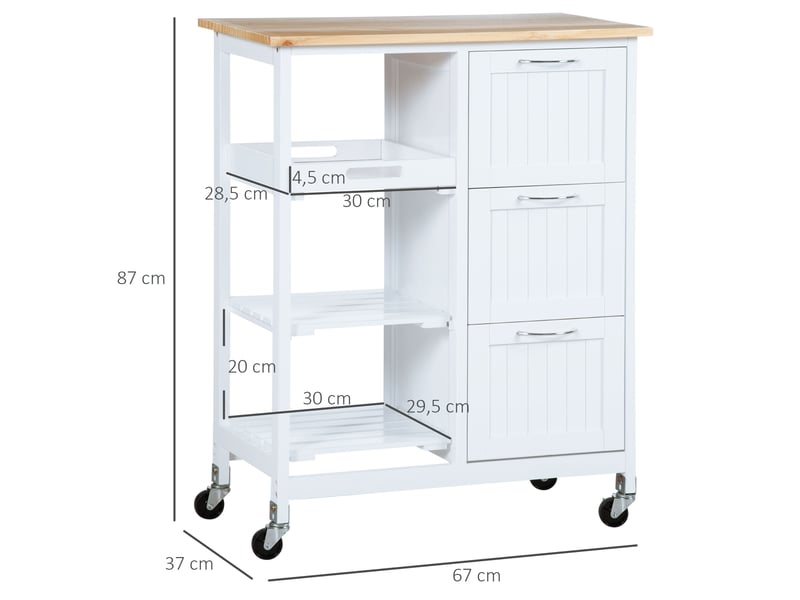  Desserte de cuisine avec 3 tiroirs, 2 étagères ouvertes, plateau amovible et roulettes, blanc 67 × 37 × 87 cm  - Conforama C