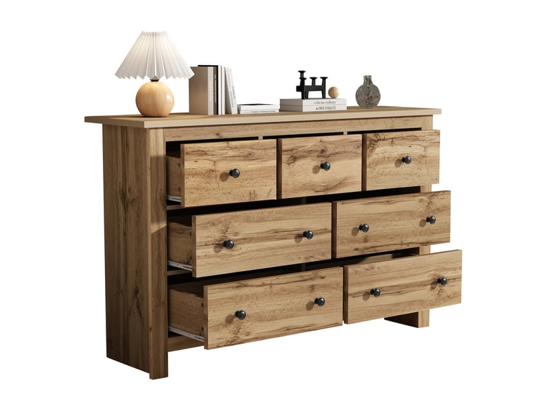  Commode 152x40x88,5 cm avec 7 tiroirs, grande capacité coulisses silencieuses panneau de particules, naturel  - Conforama E
