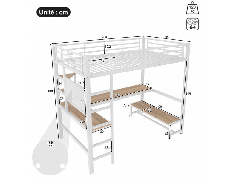  Lit mezzanine 90 x 200 cm avec bureau et rangements, métal et mdf blanc, éclairage led et ports usb et type-c  - Conforama C