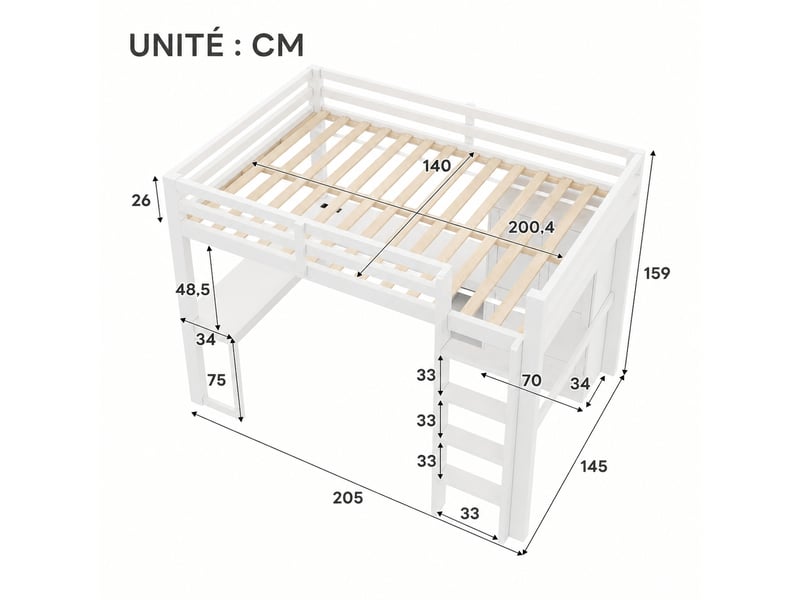  Lit mezzanine 140x200 cm avec bureau et armoire, pin massif et mdf blancs, rangements, éclairage led et usb  - Conforama C