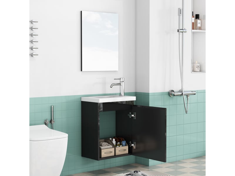  Meuble sous vasque suspendu avec portes, vasque en céramique et miroir, noir laqué pour salle de bain en mdf  - Conforama C