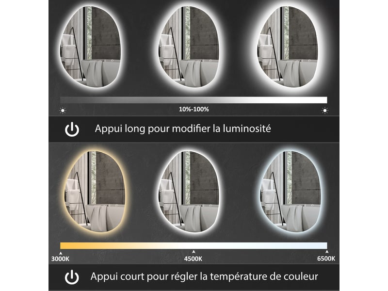 Miroir salle de bain avec éclairage led 80 x 60 cm, miroir lumineux mural avec antibuée, mémoire, ip44, argenté - Conforama D