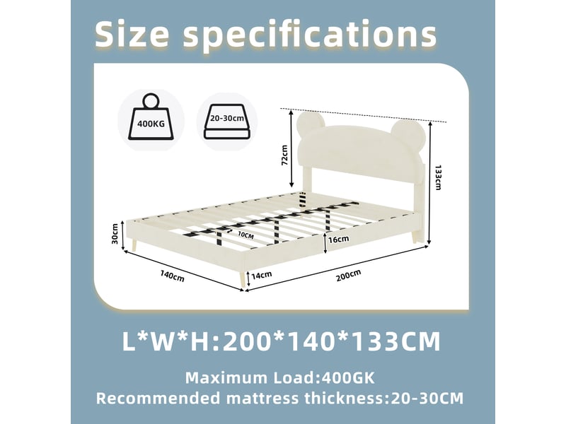  Lit enfant 140 × 200 cm 2 places avec tête de lit rembourrée, matelas inclus, en tissu et métal, beige  - Conforama D