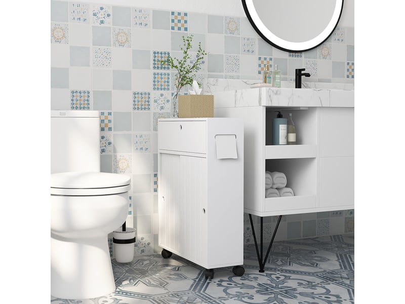  Meuble de rangement toilette salle de bain avec rangement papier toilette sur roulettes - blanc 52 x 17 x 67 cm  - Conforama A