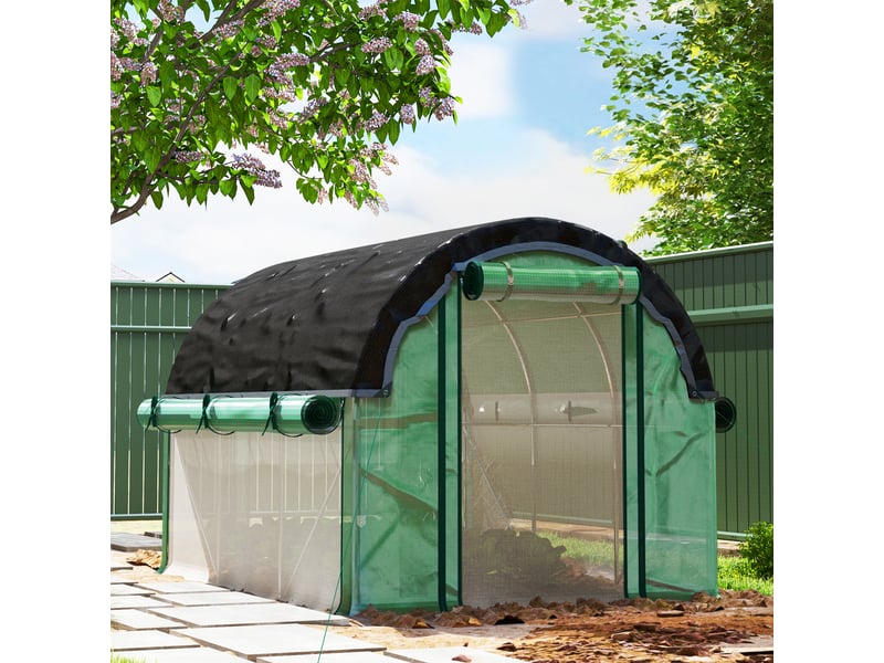 Serre tunnel de 3 x 2 x 2 m avec filet de protection solaire, parois latérales enroulables, bâche en plastique, structure en acier, verte  - Conforama D