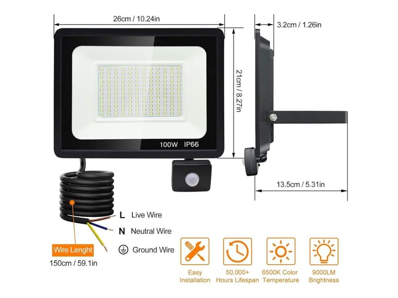  100w projecteur led détecteur de mouvement 10000 lm 6500k blanc froid étanche ip66, extérieur, garage  - Conforama C