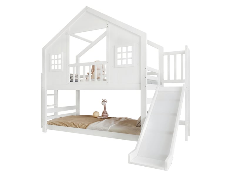 Lit superposé enfant 90x200 cm - avec toboggan et échelle - avec toit et fenêtres - bois massif + mdf - blanc (sans matelas) - Conforama A