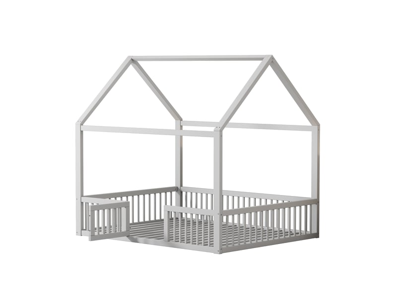 Lit cabane 140x200 en bois massif avec porte et barrière de sécurité, lit double pour enfant blanc, design créatif et robuste. - Conforama W