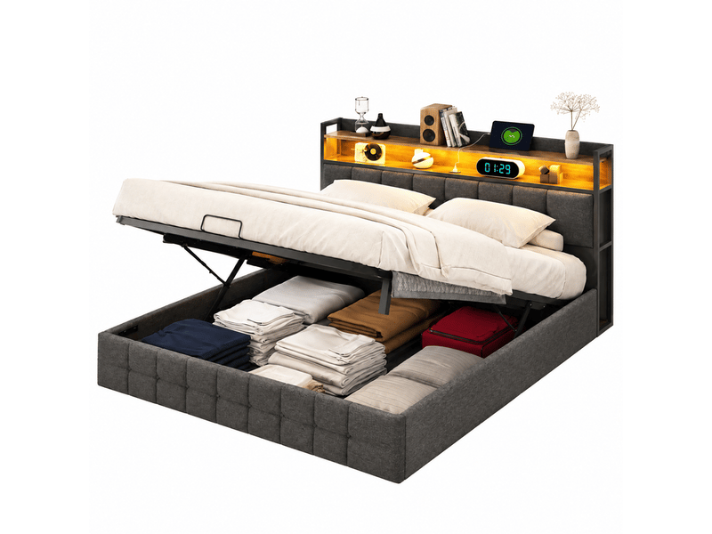  Lit coffre 160x200 avec rangement, cadre de lit double rembourré avec led et usb lit 2 personnes led avec prise lit adulte capitonné avec tête de lit et rangement hydraulique gris lin, sans matelas  - Conforama A