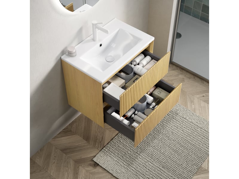  Meuble sous vasque suspendu 61 cm avec 2 tiroirs à fermeture douce - lpospi - vasque en céramique, chêne doré et blanc  - Conforama B