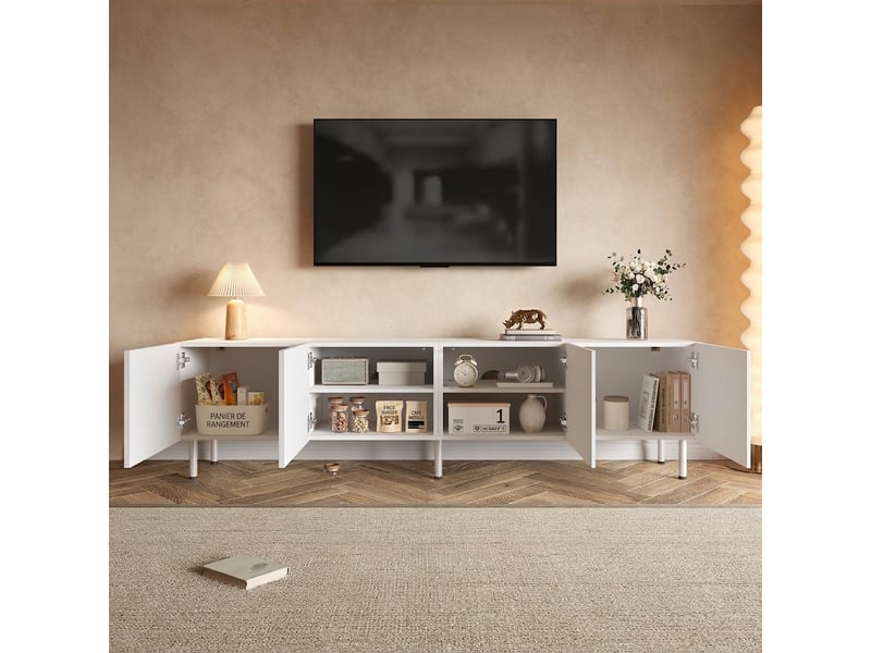  Meuble tv blanc 170 cm avec 4 portes et façades aux lignes courbées 3d, design moderne  - Conforama D