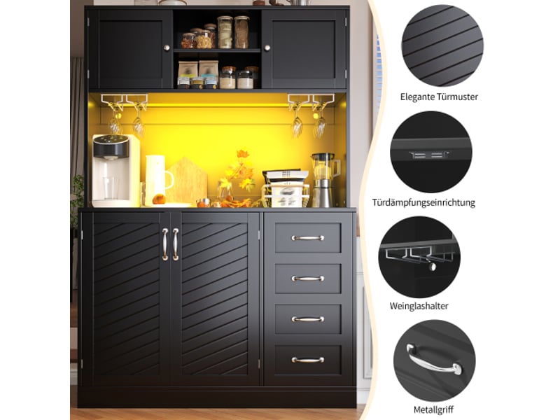  Buffet bas led 120x40x188 – armoire de rangement, 4 portes, 2 tiroirs, étagère snack &amp; porte-boissons, vertnoirblanc  - Conforama E