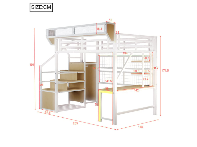 Lit mezzanine en métal 140 x 200 cm - avec bureau - avec échelle de sécurité - avec éclairage led - avec prise électrique - blanc (matelas non inclus)  - Conforama C