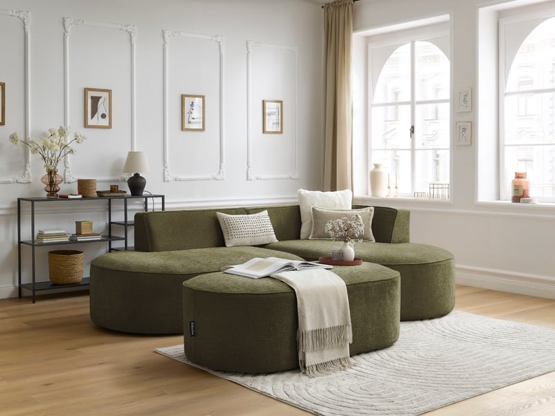  Bobochic canapé d'angle fixe rousseau tissu texturé avec pouf vert  angle droit ROUSSEAU - Conforama B