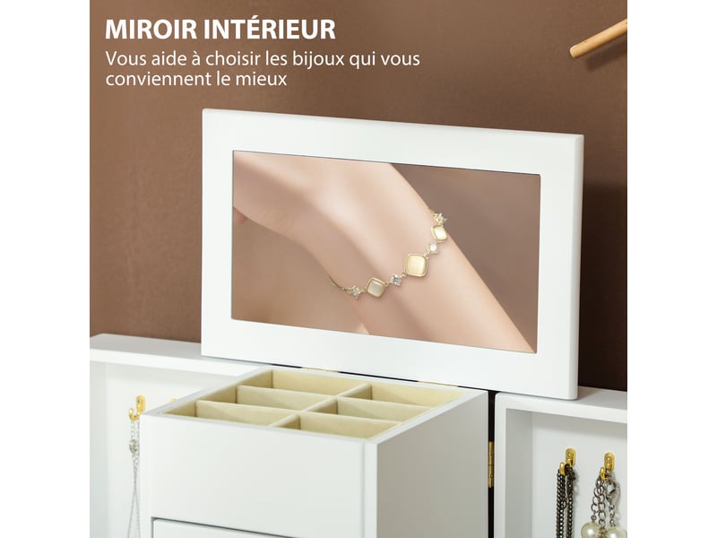  Boîte à bijoux 4 niveaux avec miroir et tiroirs en bois blanc 26,5 x 16 x 33,5 cm  - Conforama E