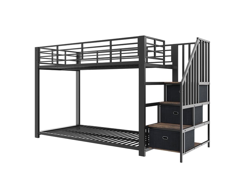  Lit superposé adulte 90x200 cm noir avec escalier, rangement, led et prises Fay Lum - Conforama E