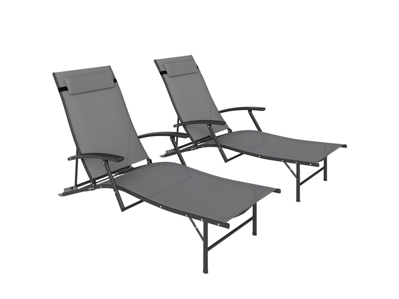  Ensemble de 2 chaises longues de jardin pliantes avec dossier réglable sur 4 niveaux et coussin, grises  - Conforama A