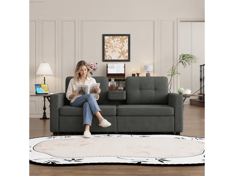 Canapé droit 2 places en chenille 178 x 71 cm avec rangement intégré, tablette rabattable, porte-gobelets et assise réglable - gris foncé - Conforama D
