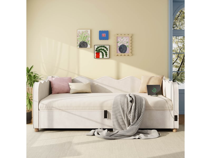  Canapé-lit coffre 90x200 cm avec rangement hydraulique, prises usbtype-c, sommier à lattes et bords rembourrés, velours beige  - Conforama E