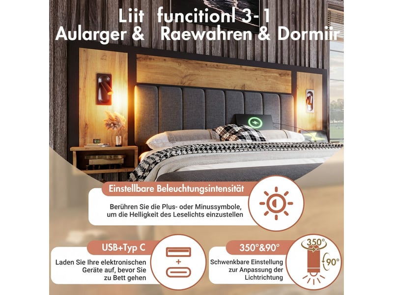  Lit 160x200 cm avec matelas, liseuse, usb-c, chevet et banc coffre, bois clair ABMA137456A - Conforama C