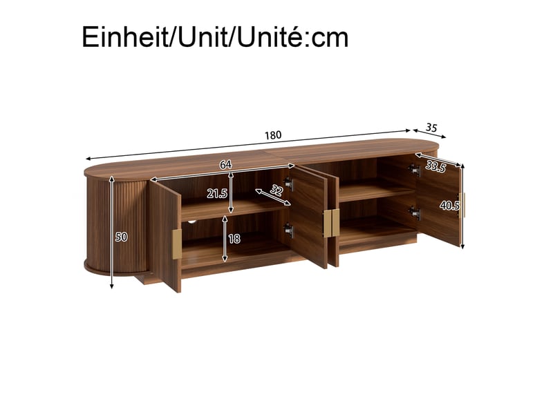  Meuble tv bas en noyer, avec quatre portes, structure ondulée, poignées métalliques, grand espace de rangement  - Conforama C