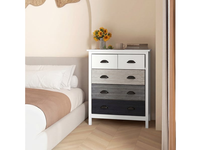  Buffet, commode, 5 tiroirs, surface laquée, mdf et pin, 70 x 38 x 85 cm, blanc  - Conforama D
