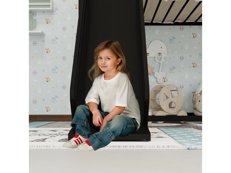  Lit superposé enfant avec toboggan 90 x 190 cm - structure cabane en métal noir  - Conforama D