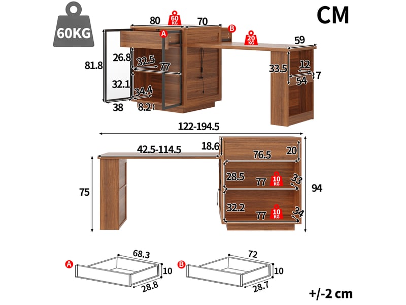  Îlot de cuisine extensible avec led 122-194,5x70x94 cm marron foncé  - Conforama C