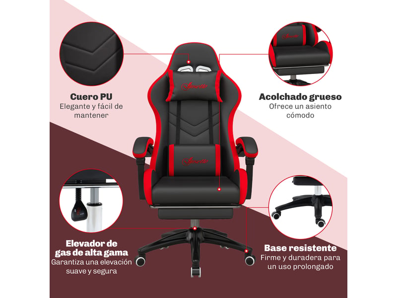  Chaise gaming en simili cuir noir et rouge avec repose-pieds rétractable, dossier inclinable 135°  - Conforama W