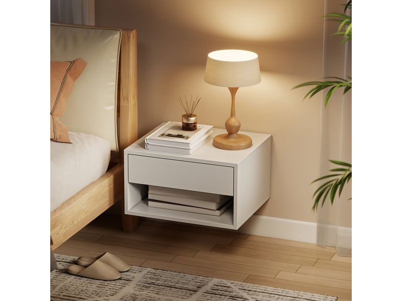  Lot de 2 tables de chevet murales, tables de nuit, tiroir, compartiment ouvert, plateau, blanc, 37 x 32 x 21 cm  - Conforama W