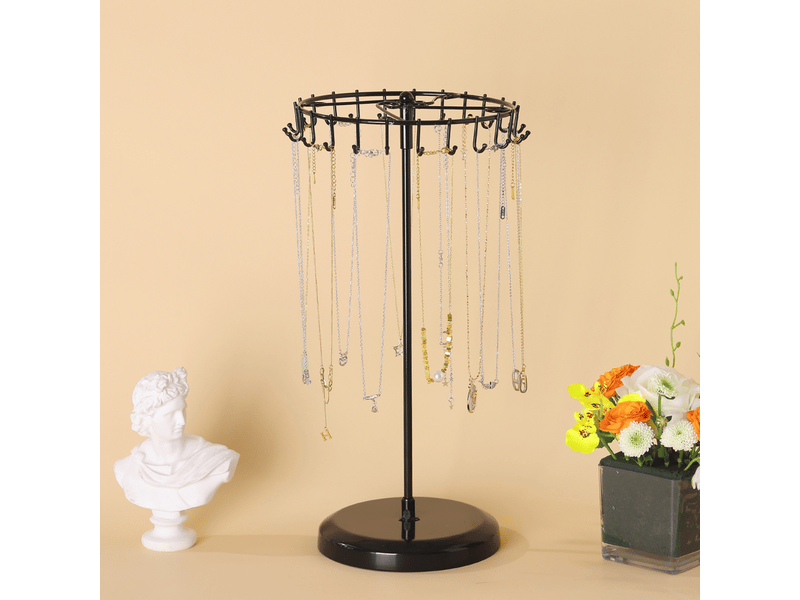  Porte bijoux rotatif en métal noir 23 crochets - h36 x l21 cm - tour de presentoir bijoux - porte collier bracelets bagues et boucles  - Conforama B